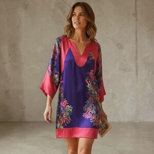 Halston Heritage Womens 100% Silk Abstract Floral Tunic Dress 2 Purple Red Mini